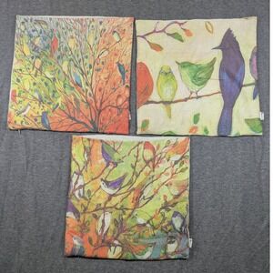 Set of 3 Throw Pillow Covers‎ Burlap Birds Coloful 17"x17" Zipper Closing